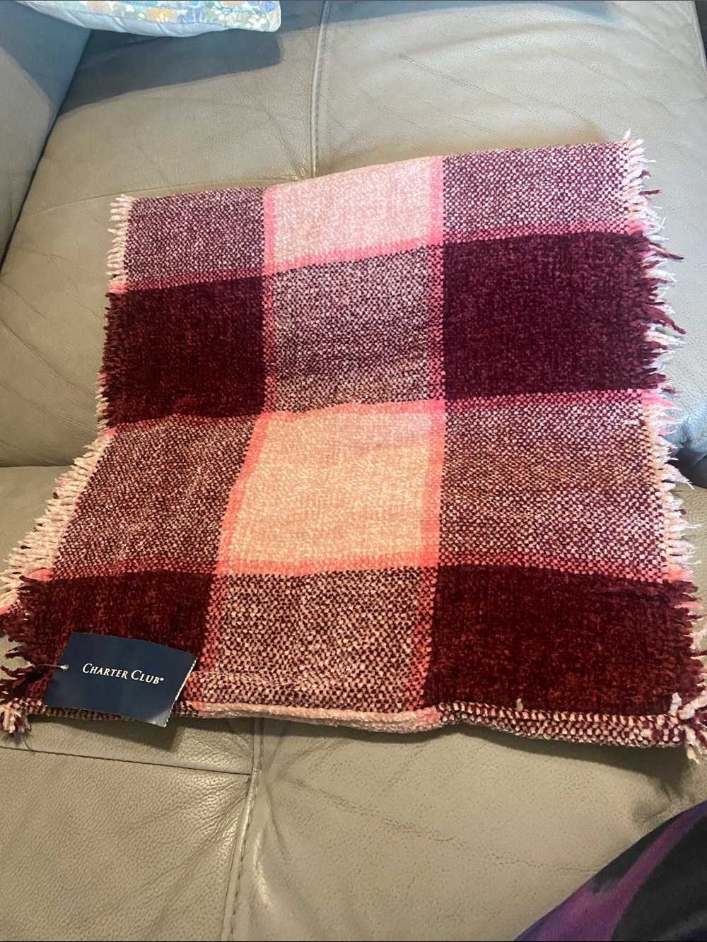 Charter Club Pink and Burgundy Plaid Chenile Fringe Scarf